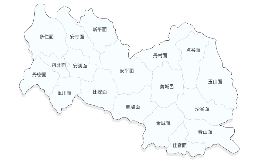 多仁面、安寺面、新平面、丹密面、丹北面、安渓面、亀川面、比安面、安平面、丹村面,鳳陽面、義城邑、点谷面、金城面、沙谷面、玉山面、佳音面、春山面