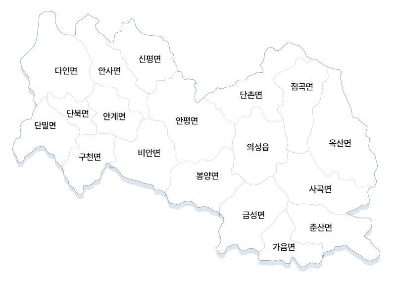 의성군 지도에서 의성읍을 기준으로 북쪽에는 단촌면, 점곡면이 있고 동쪽에는 옥산면, 사곡면이 있고, 남쪽에는 금성면, 가음면, 춘산면이 있고 서쪽에는 봉양면, 안평면, 비안면, 신평면, 안사면, 안계면, 구천면, 단북면, 단밀면, 다인면이 있습니다.