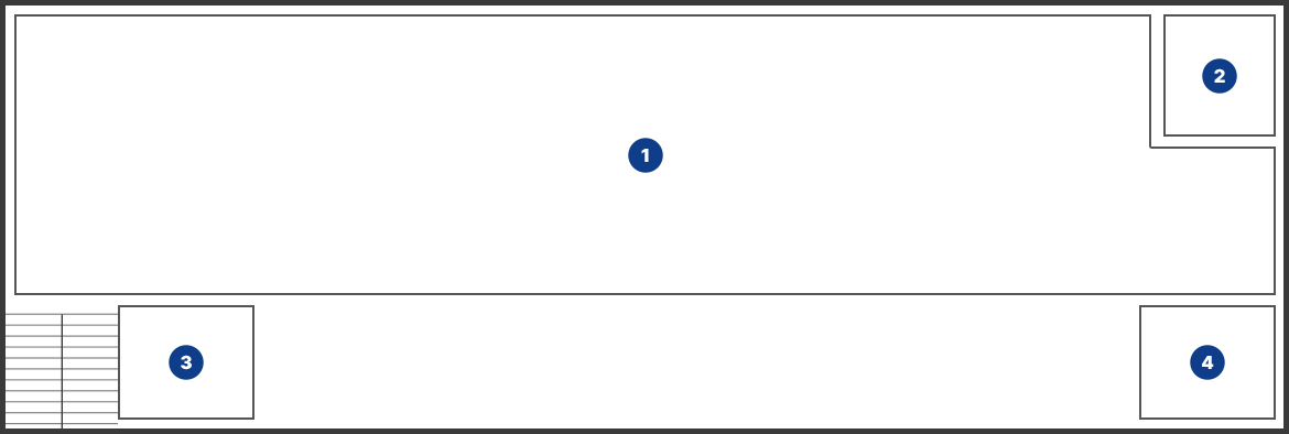 계단을 오르면 우측에 3번 화장실, 우측 끝에 4번 문서고가 있습니다. 계단을 올라선 정면에 1번 회의실이 있으며 회의실 오른쪽에 3번 방송실이 위치합니다.