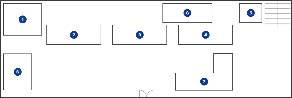 중앙 출입문을 기준으로 좌측 끝에 6번 주민생활 상담실이 있고, 시계방향으로 위쪽에 1번 면장실, 2번 주민생활, 3번 부면장, 4번 산업경제, 4번 산업경제 위쪽에 8번 숙직실, 숙직실 우측에 5번 화장실과 계단이 있습니다. 중앙 출입문 우측에 7번 민원재정이 있습니다.