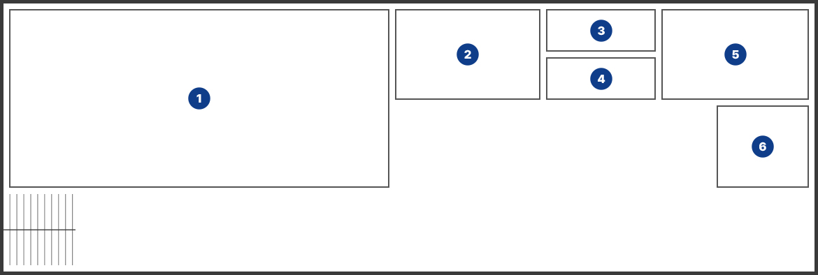 계단을 올라오면 좌측에 1번 회의실이 있고, 시계방향으로 2번 창고1, 3번 창고2, 4번 주민정보이용실이 나란히 있으며, 그 옆에 5번 문서고, 아래쪽에 6번 화장실이 있습니다.