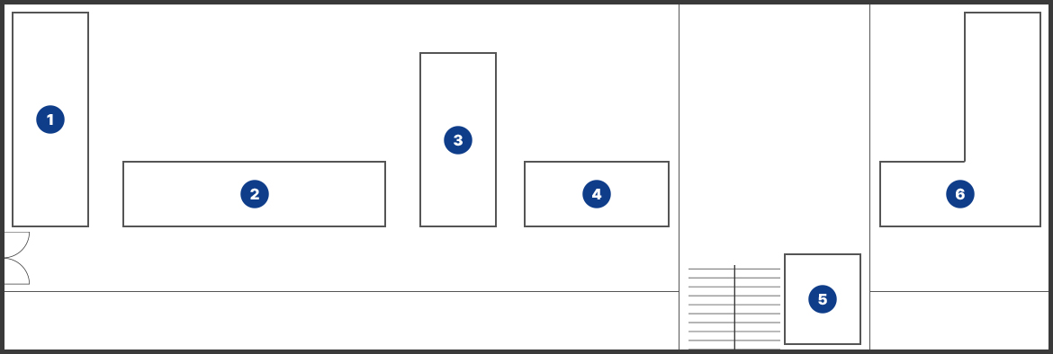 좌측 출입문을 기준으로 좌측에 시계방향으로 1번 산업경제, 2번 부면장, 3번 주민생활지원, 4번 주민생활이 있고, 계단이 아래쪽에 있습니다. 계단 우측으로 5번 화장실, 우측 위쪽에 6번 민원재정이 있습니다.